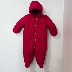 Ralph Lauren Girls 6M Pink Quilted One-Piece Snowsuit Full Body Hooded Footed